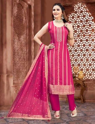 Pink silk embellished festive pant salwar suit