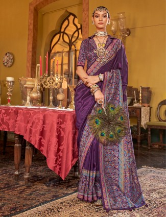 Elegant purple art silk saree with contemporary print