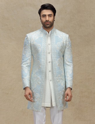Sky blue elegance indo western draped in tradition and grace