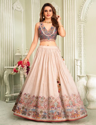 Beige silk embroidered lehenga choli