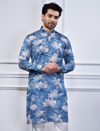 Classy blue cotton printed kurta suit