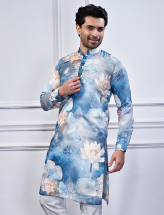 Amazing printed blue cotton kurta suit