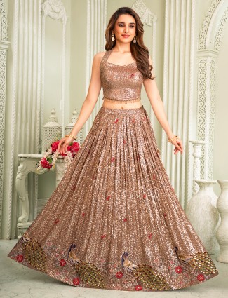 Brown silk lehenga choli with resham sequin detailing