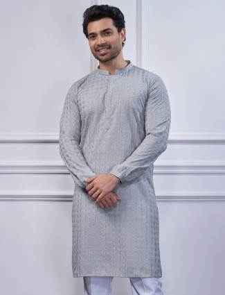 Attractive cotton grey embroidery kurta suit