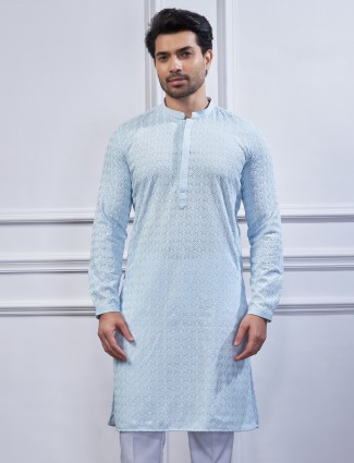 Trendy light blue embroidery cotton kurta suit