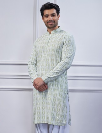Stunning light green cotton kurta suit