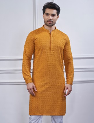 Mustard yellow cotton kurta suit for men