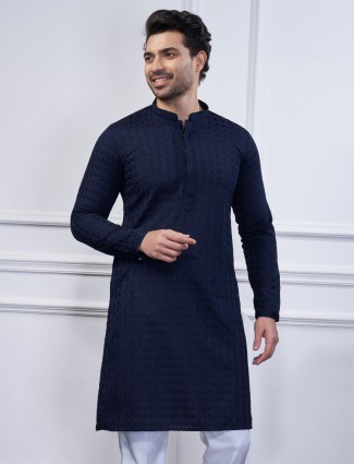 Stylish navy cotton kurta suit for men