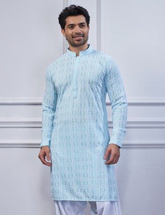 Cotton sky blue embroidery kurta suit