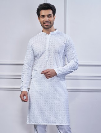 Classic white cotton kurta suit for men