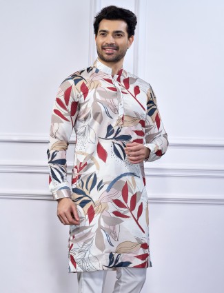 Stylish white printed cotton kurta suit for men