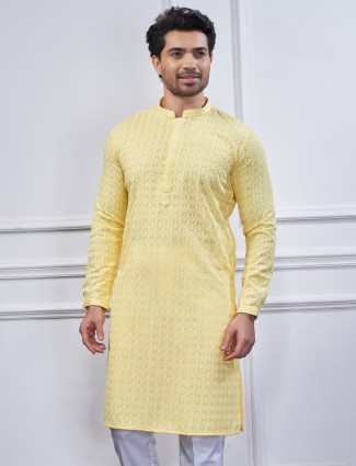 Latest yellow cotton embroidery kurta suit