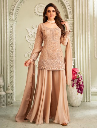Beige pakistani georgette palazzo suit with aabla and mirror embroidery