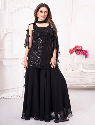 Black georgette palazzo suit with embroidery and cutdana detailing