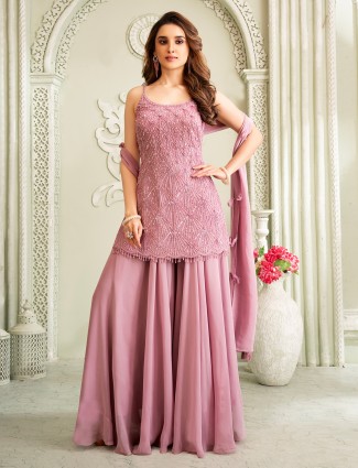 Blush pink georgette palazzo suit with pearl and sequin accents