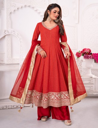 Bright red pakistani georgette palazzo suit with zari detailing