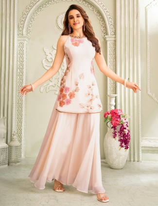 Cream georgette palazzo set with thread embroidery and sequins