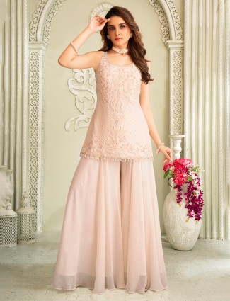 Cream pakistani georgette palazzo suit with thread and stone detailing