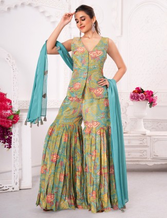 Green and sky blue printed silk sharara suit with mirror work