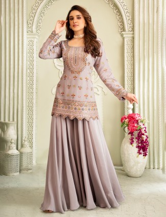 Grey satin silk pakistani palazzo suit with full sleeves and stone work