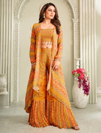 Light green georgette jacket style sharara suit with mirror work