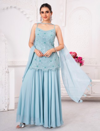 Mint blue georgette palazzo set with pearl and bead embellishments