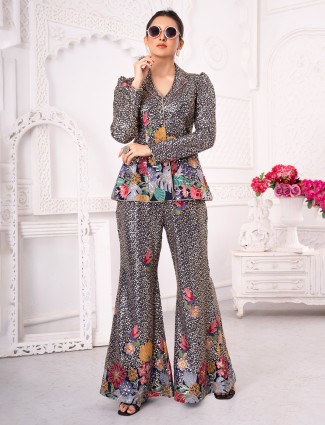 Navy blue silk palazzo suit adorned with sequin embellishments