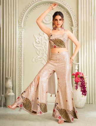 Off white silk palazzo suit with resham and sequin work