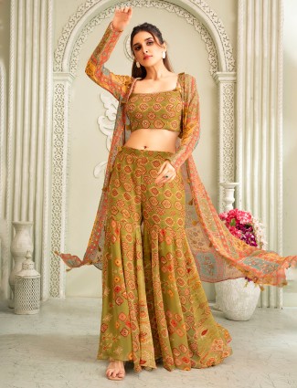 Olive georgette jacket style sharara suit with printed flair