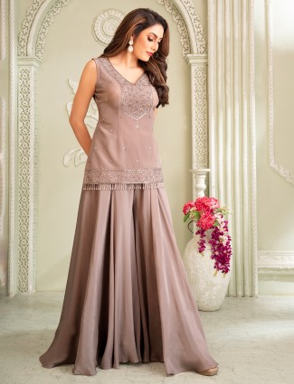Pastel grey satin silk palazzo suit with thread and stone embellishments