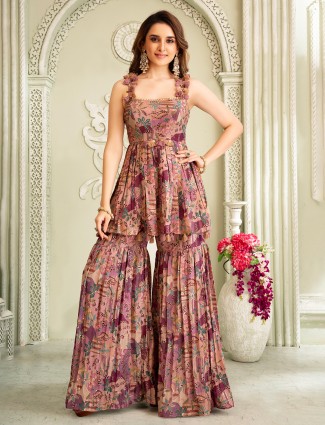 Purple printed silk sharara suit with mirror and coin detailing