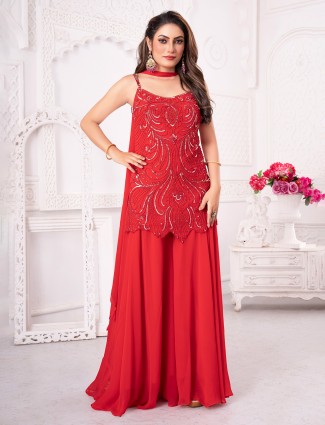 Red georgette palazzo suit accented with beads and sequins