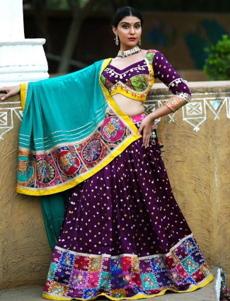 Dark purple printed cotton silk chaniya choli