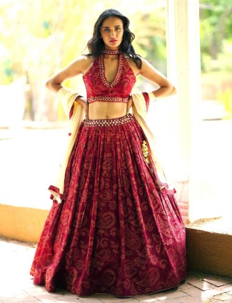 Wine printed cotton silk chaniya choli