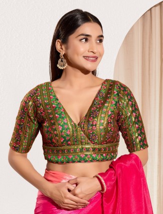 Elegant bottle green silk ready made blouse