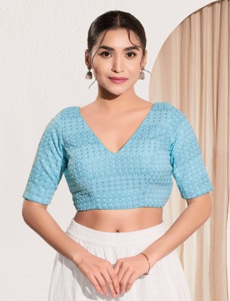 Light blue ready made blouse with V neck