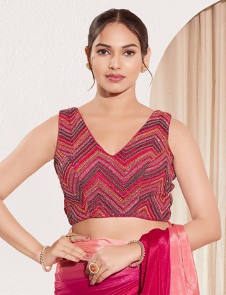 Magenta net ready made blouse with V neck