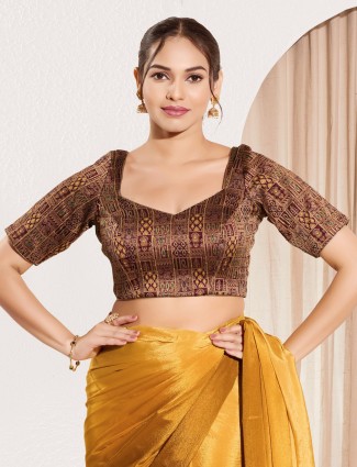 Elegant maroon jacquard pre stitched blouse