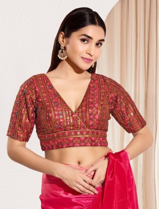Maroon silk ready made blouse with embroidery work