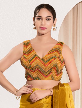 Mustard yellow ready made blouse in net