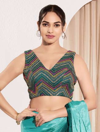 Rama blue V neck net ready made blouse