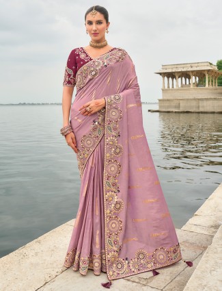 Light purple tissue silk saree with zardosi highlights