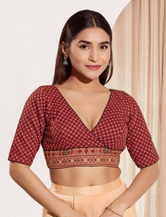 Maroon printed cotton ready made blouse for women