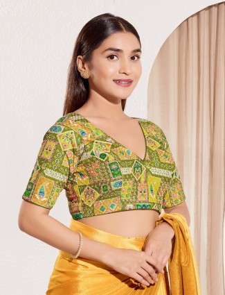 Mehendi green printed viscose rayon ready made blouse