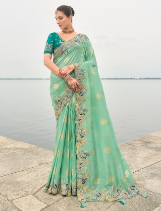 Mint green printed tissue silk wedding saree