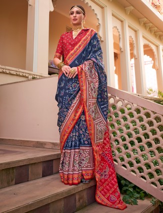 Printed navy silk saree for wedding wear