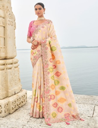 Pink and beige tissue silk printed saree