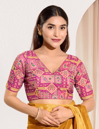 Pink viscose rayon ready made blouse with print