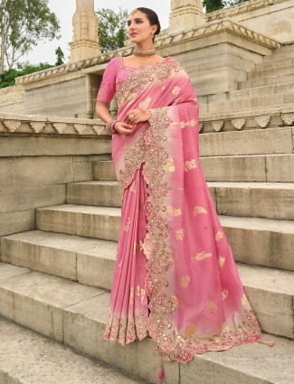 Pink printed tissue silk saree for celebrations
