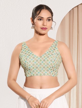 Pista green jacquard ready made blouse for women